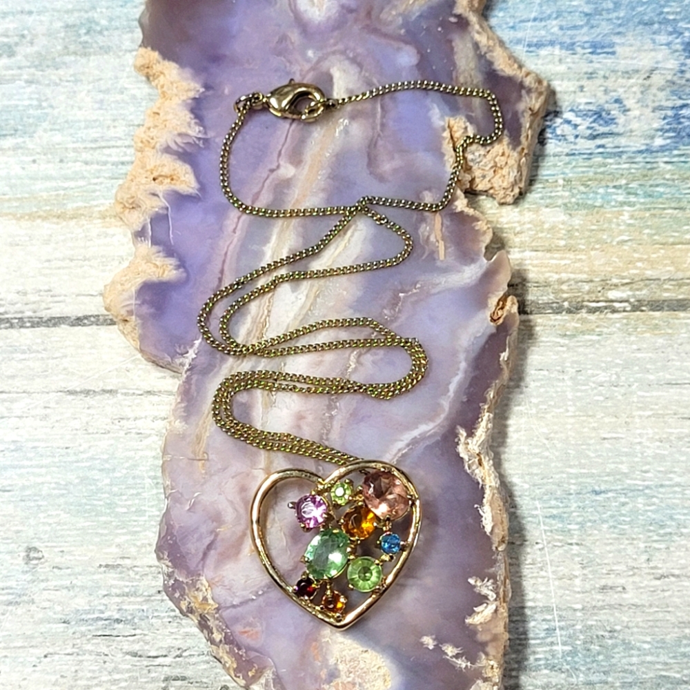 Gold Heart Pendant Necklace with Multicolor Rhinestones.